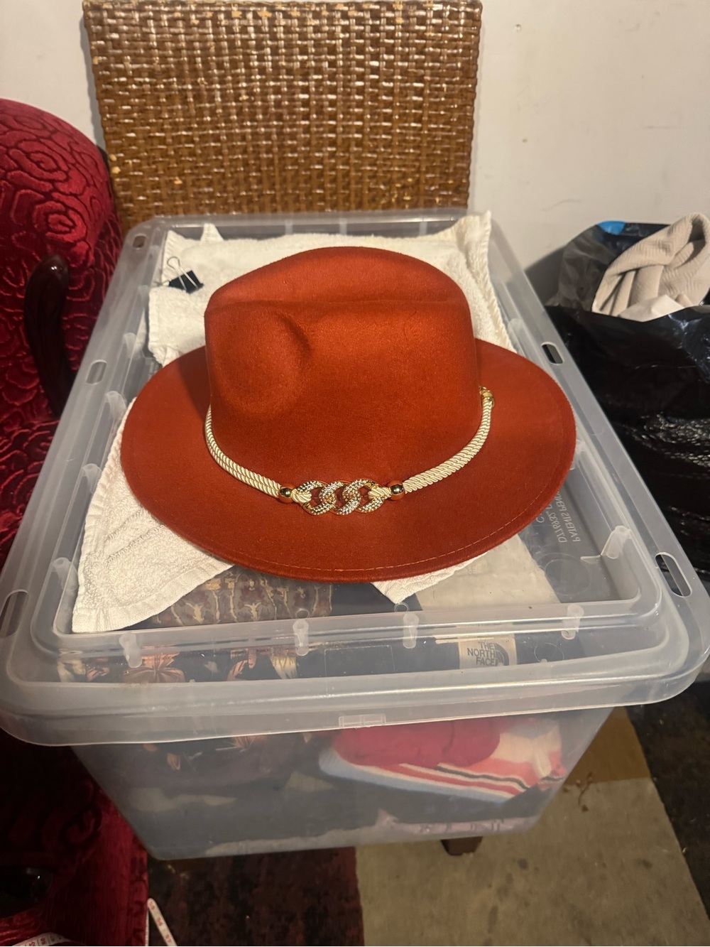Women's Rust Orange Felt Fedora Hat with Gold Chain Accent